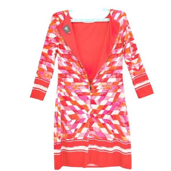 Vince Camuto Women's 3/4 Sleeve Zip Back Lined Geometric Print Red Dress Size 4 - Picture 3 of 11